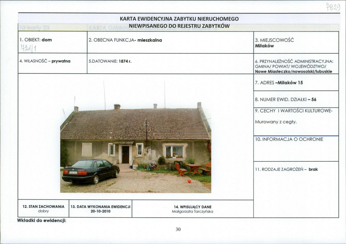 Karta obiektu niewpisanego do rejestru, skan nr 1