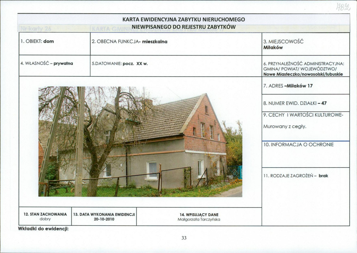 Karta obiektu niewpisanego do rejestru, skan nr 1