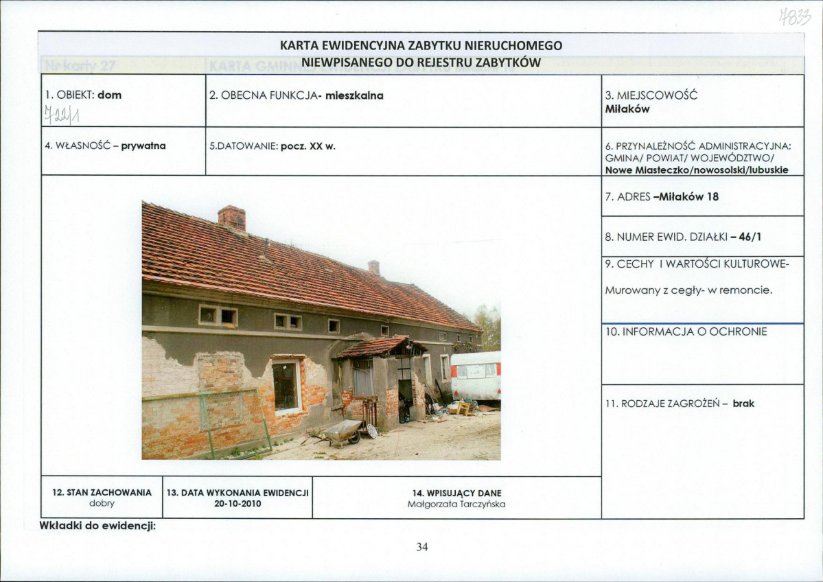 Karta obiektu niewpisanego do rejestru, skan nr 1