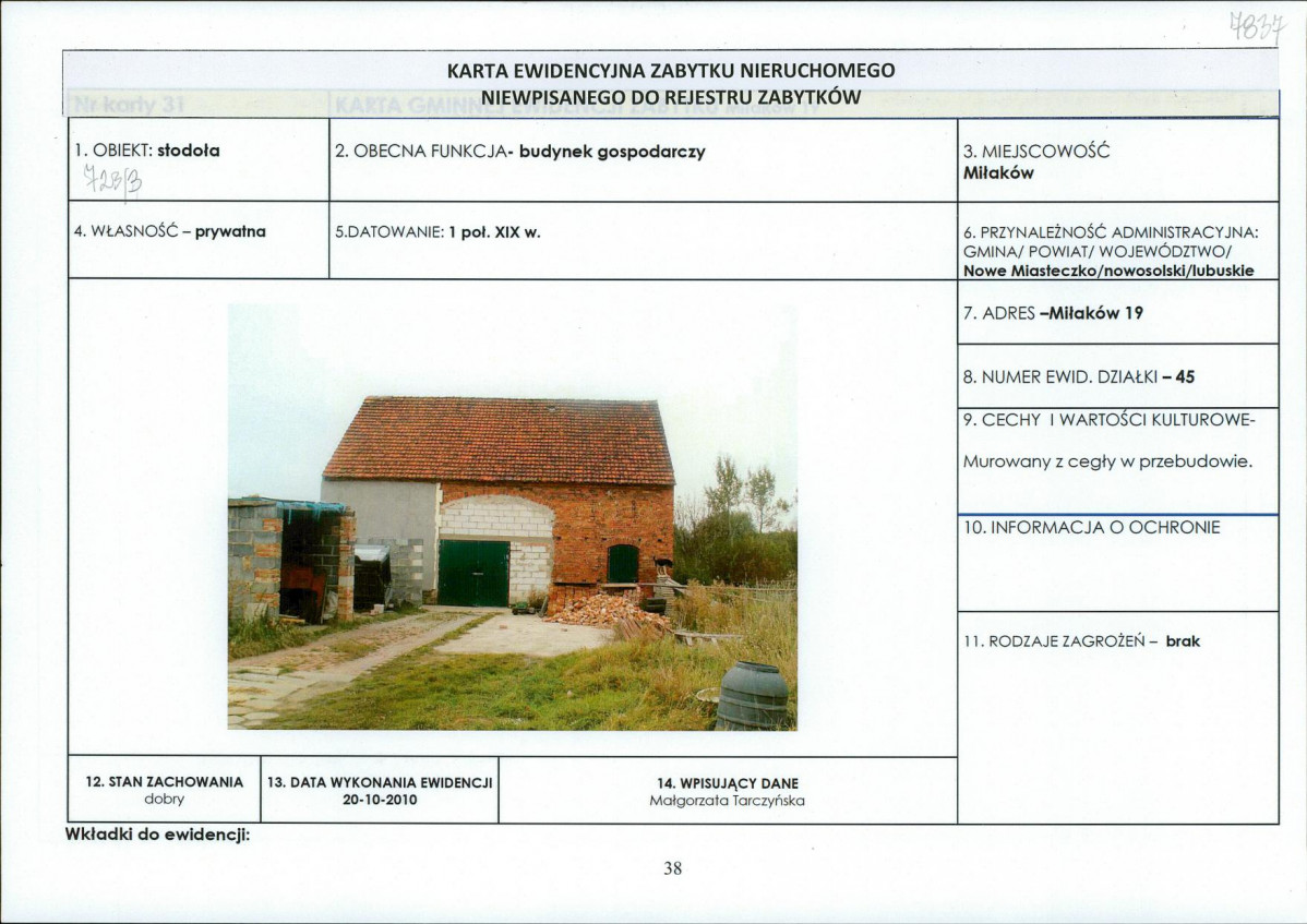 Karta obiektu niewpisanego do rejestru, skan nr 1