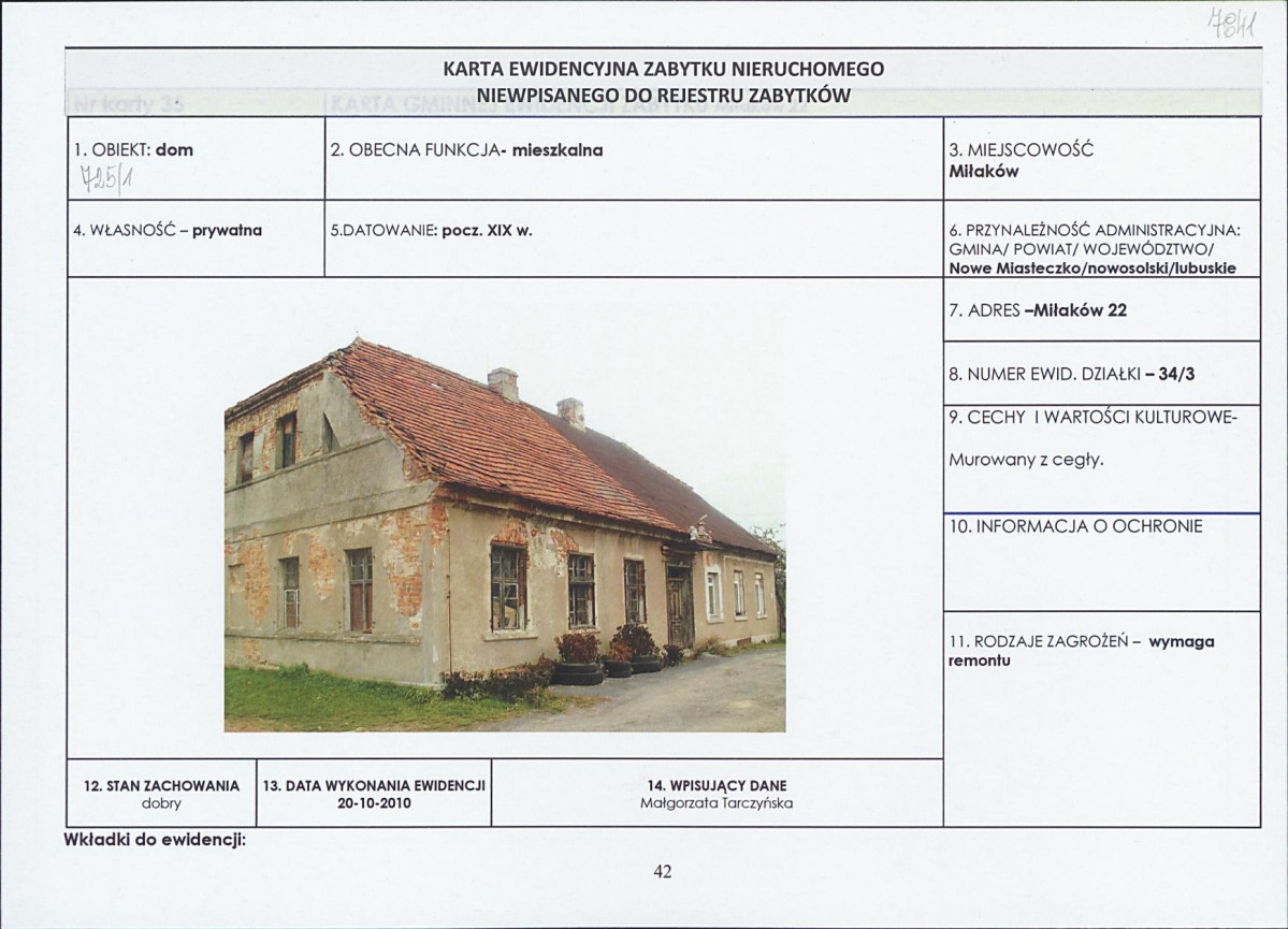 Karta obiektu niewpisanego do rejestru, skan nr 1