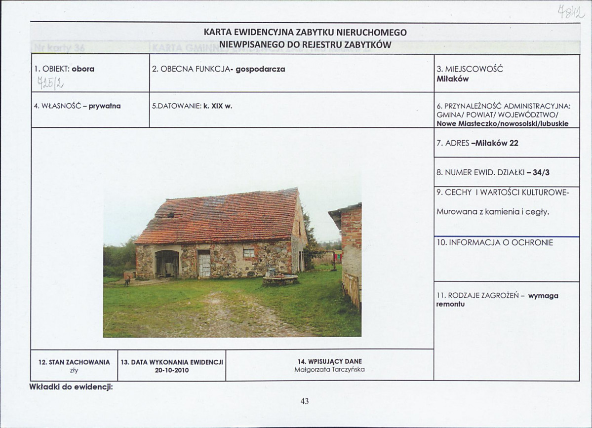Karta obiektu niewpisanego do rejestru, skan nr 1
