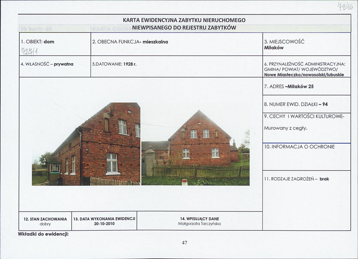 Karta obiektu niewpisanego do rejestru, skan nr 1
