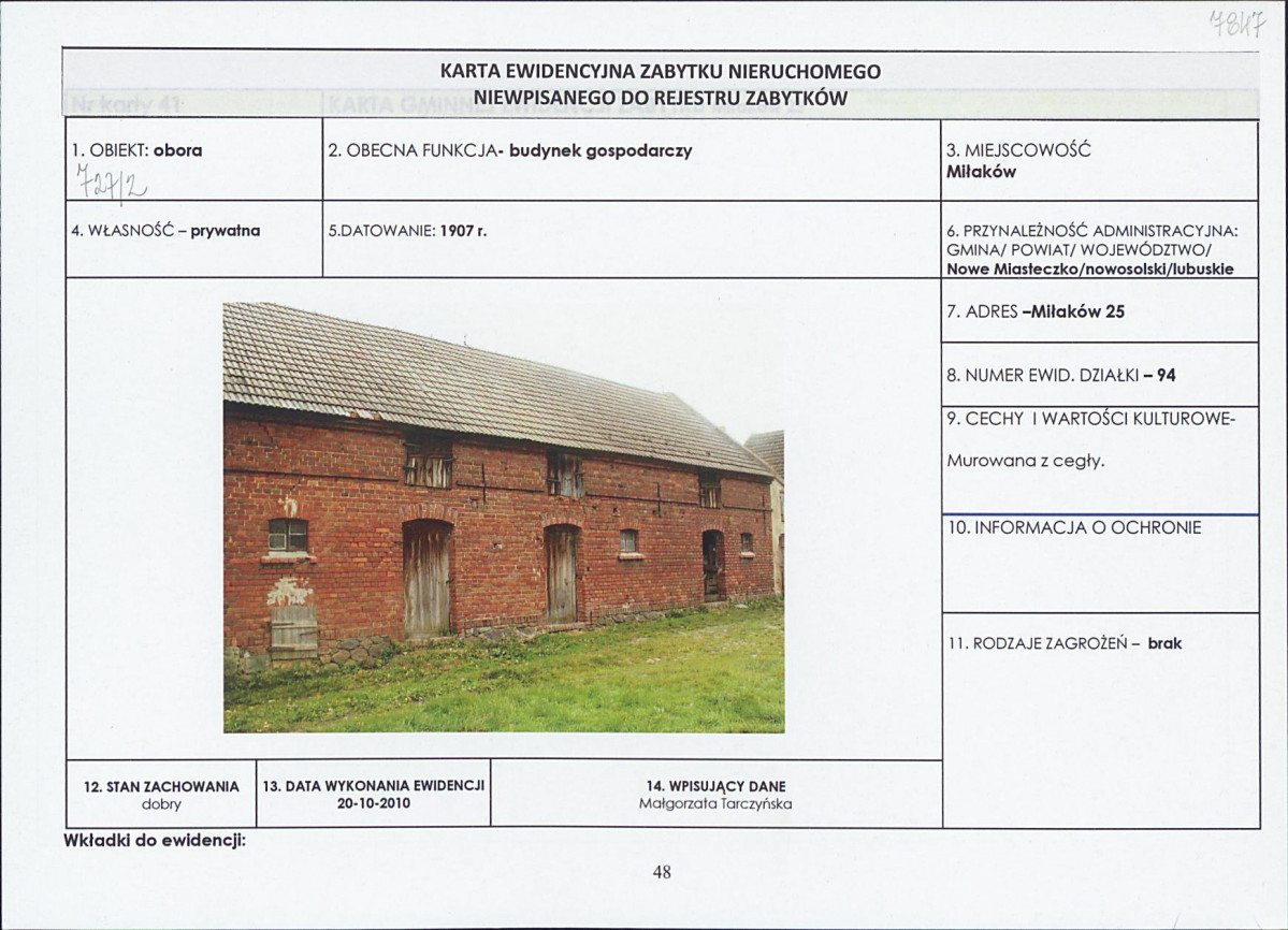 Karta obiektu niewpisanego do rejestru, skan nr 1