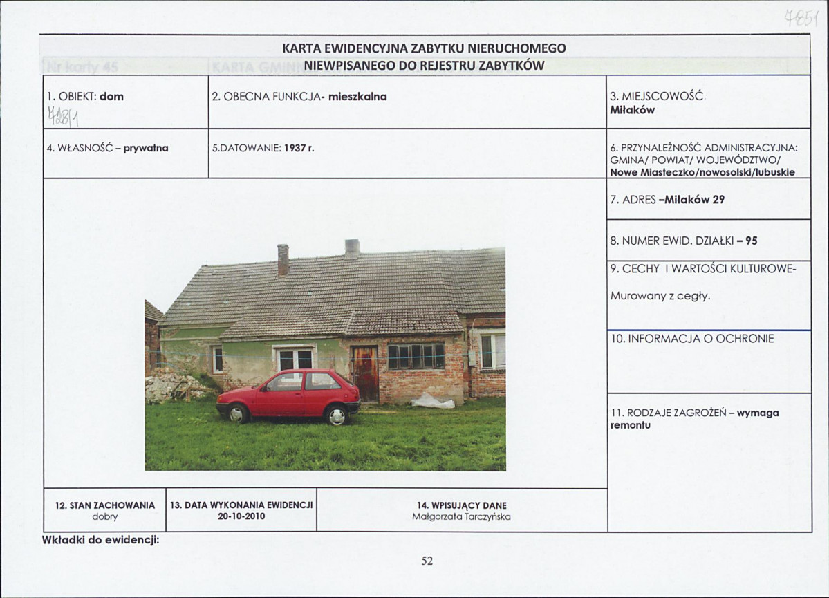 Karta obiektu niewpisanego do rejestru, skan nr 1