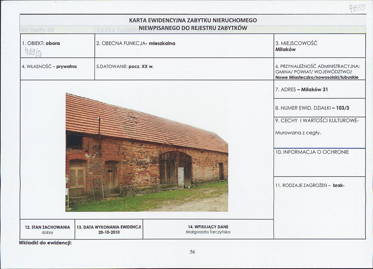 Karta obiektu niewpisanego do rejestru, skan nr 1