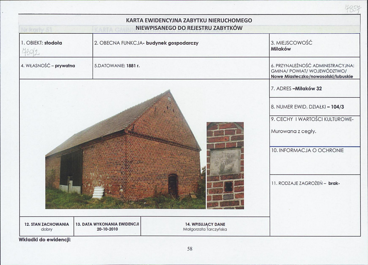Karta obiektu niewpisanego do rejestru, skan nr 1