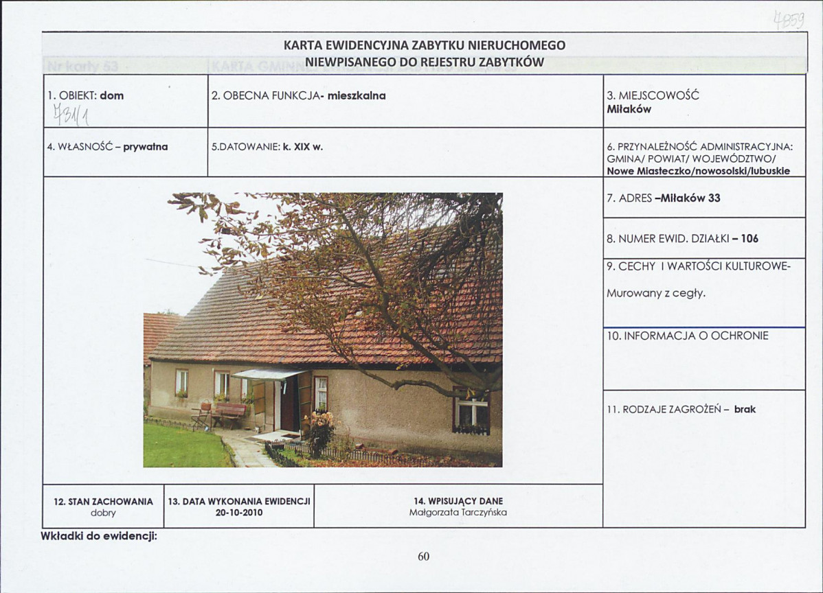 Karta obiektu niewpisanego do rejestru, skan nr 1