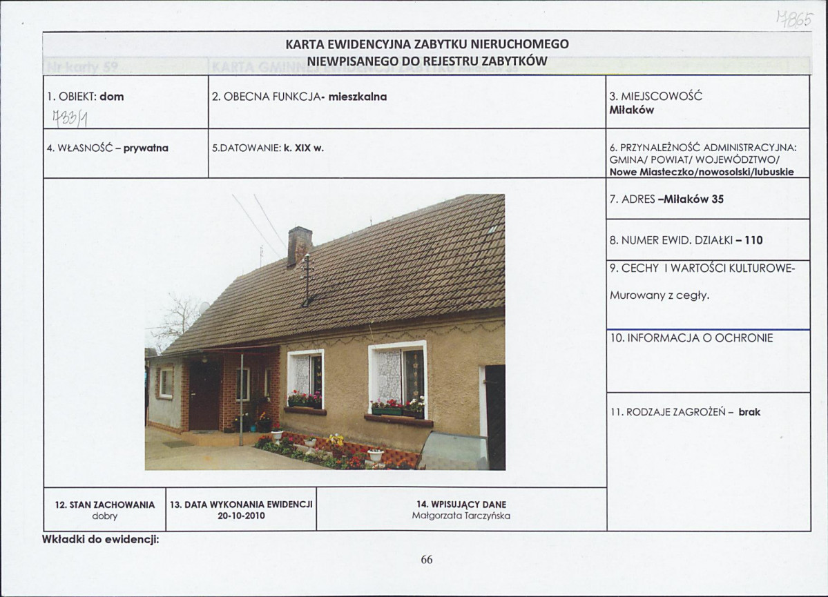 Karta obiektu niewpisanego do rejestru, skan nr 1