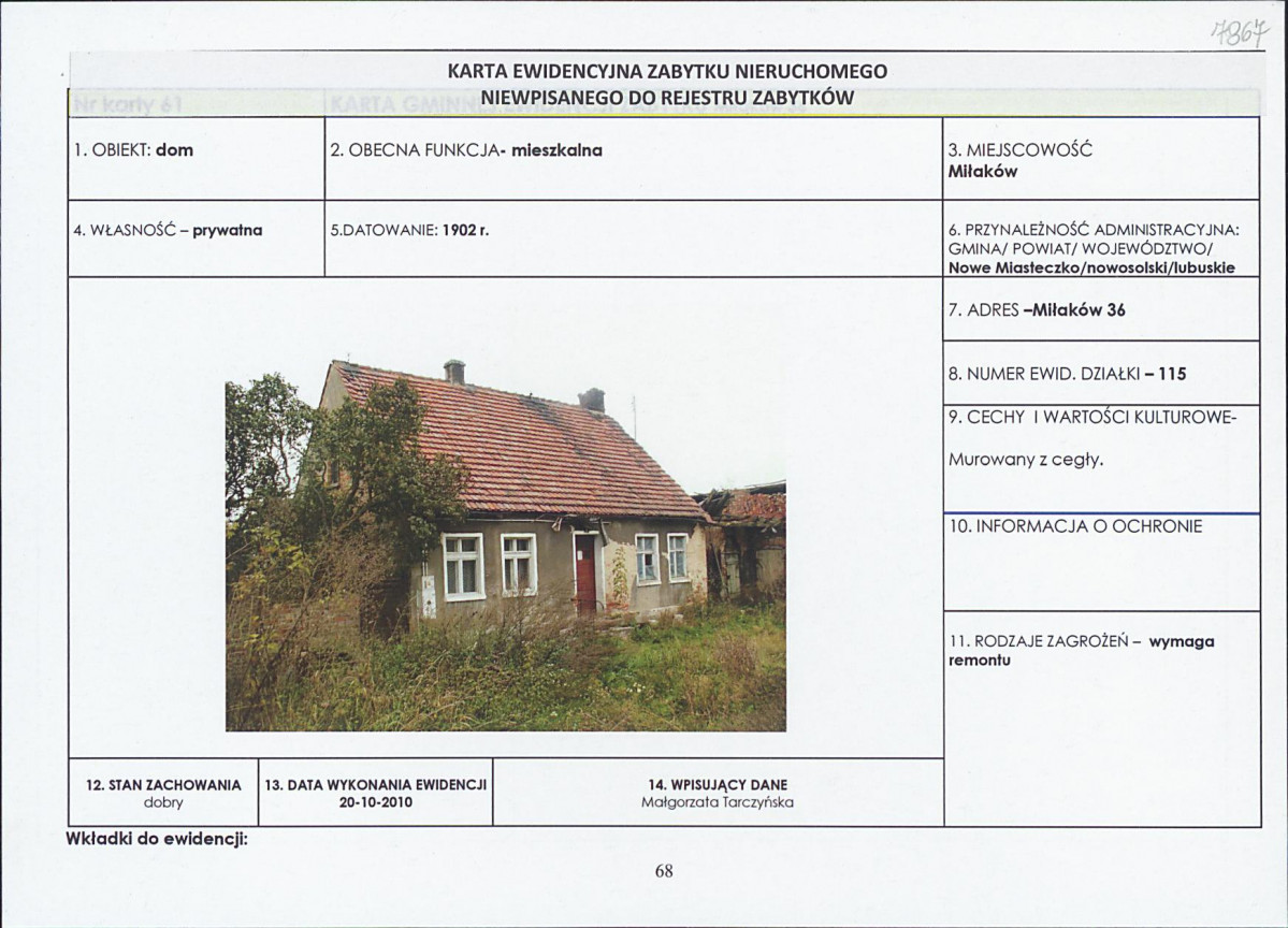 Karta obiektu niewpisanego do rejestru, skan nr 1