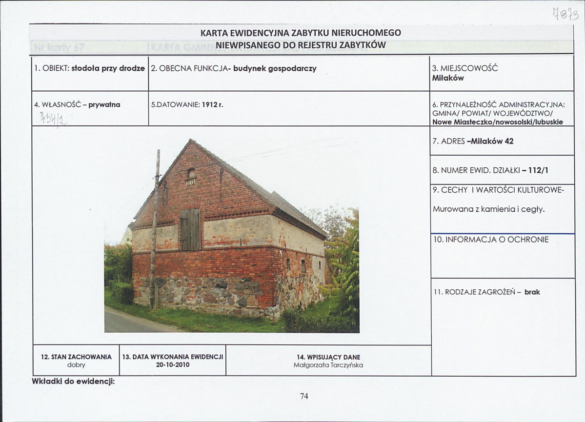 Karta obiektu niewpisanego do rejestru, skan nr 1