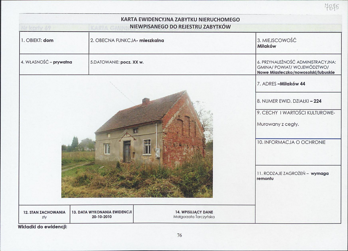 Karta obiektu niewpisanego do rejestru, skan nr 1