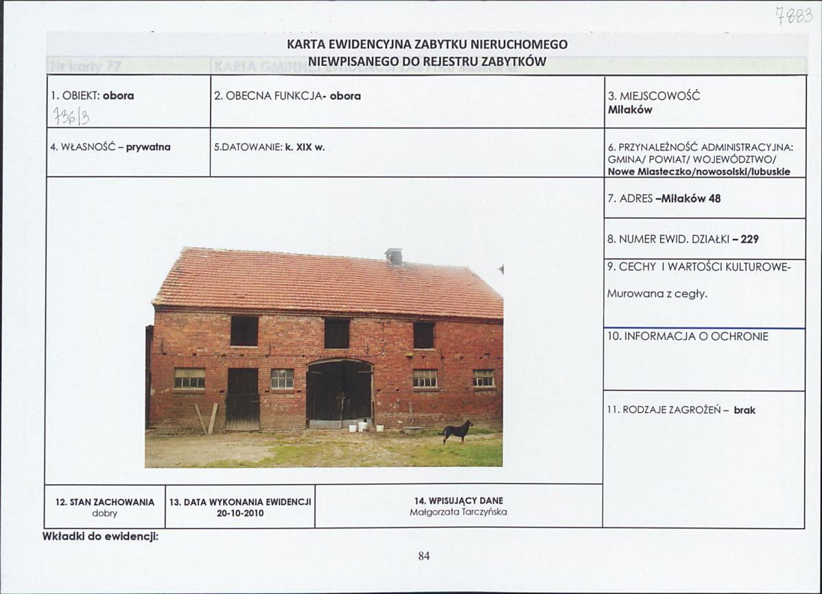 Karta obiektu niewpisanego do rejestru, skan nr 1