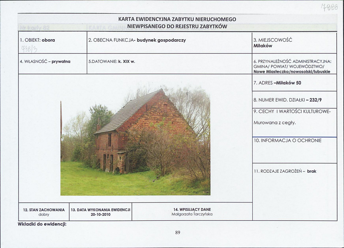 Karta obiektu niewpisanego do rejestru, skan nr 1
