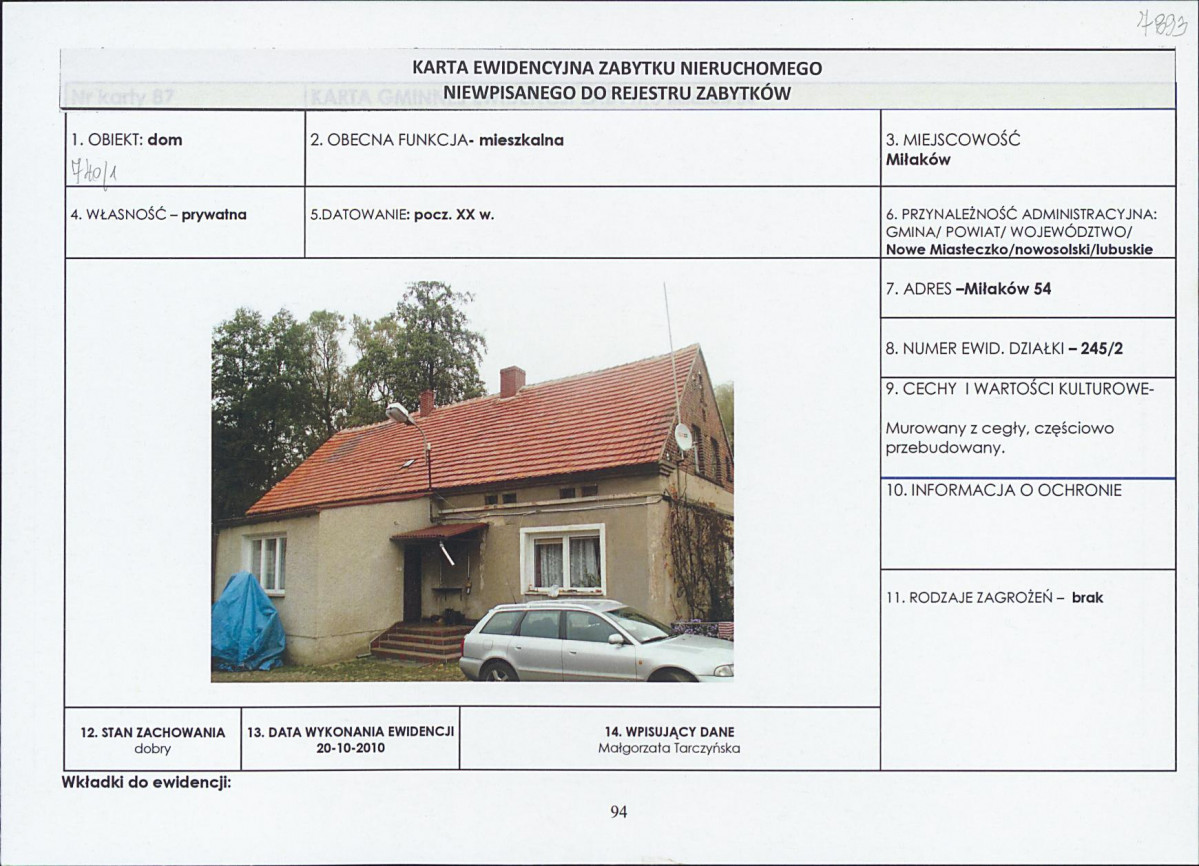 Karta obiektu niewpisanego do rejestru, skan nr 1