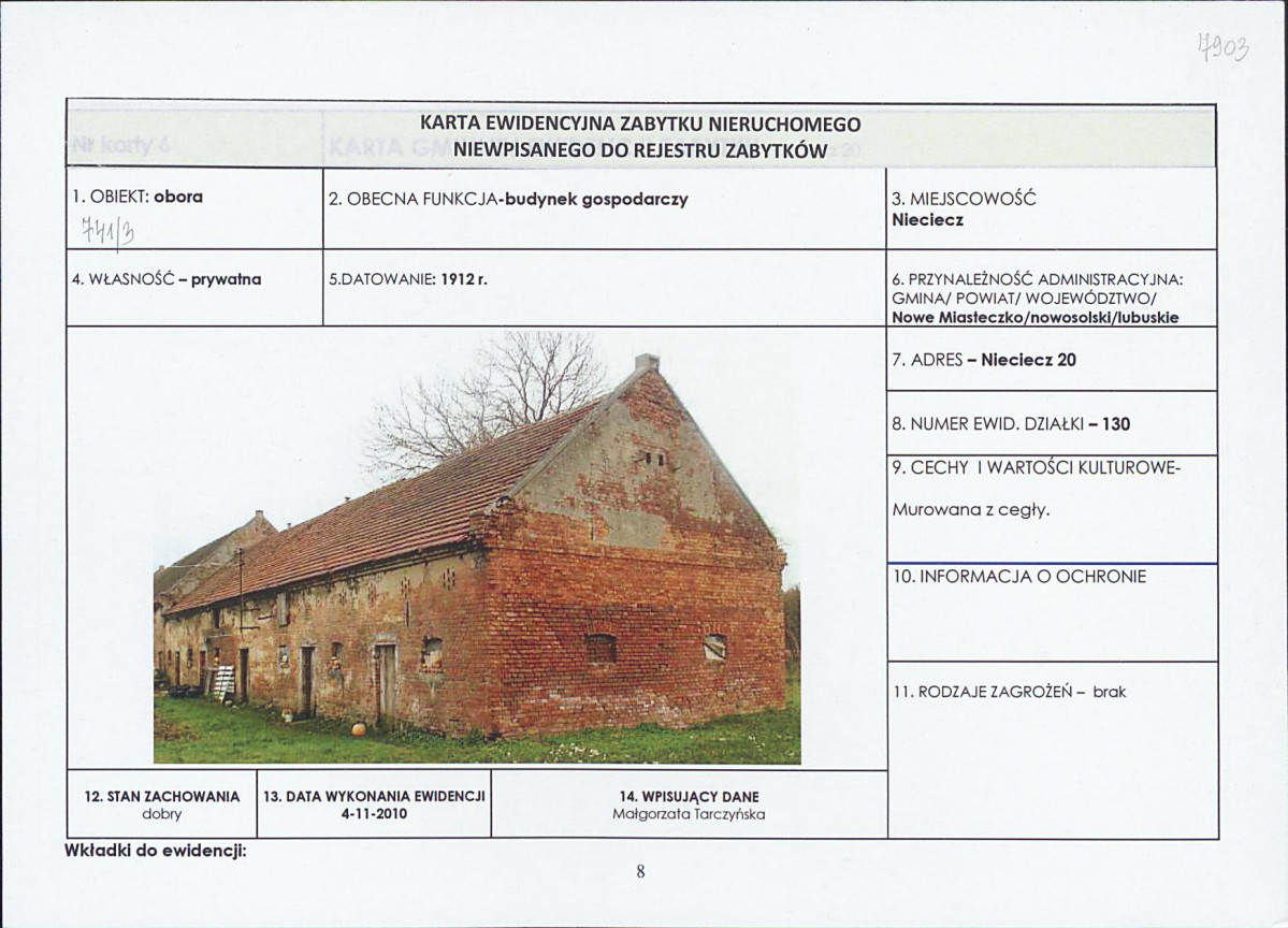 Karta obiektu niewpisanego do rejestru, skan nr 1