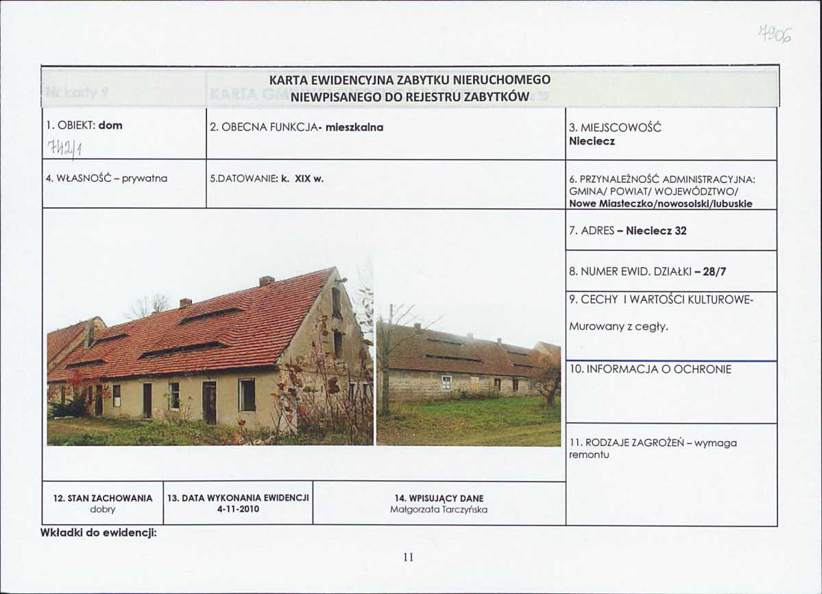 Karta obiektu niewpisanego do rejestru, skan nr 1