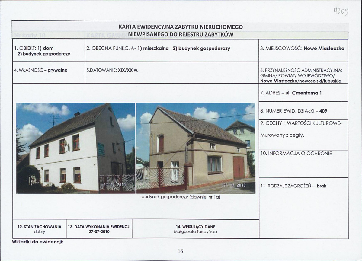 Karta obiektu niewpisanego do rejestru, skan nr 1