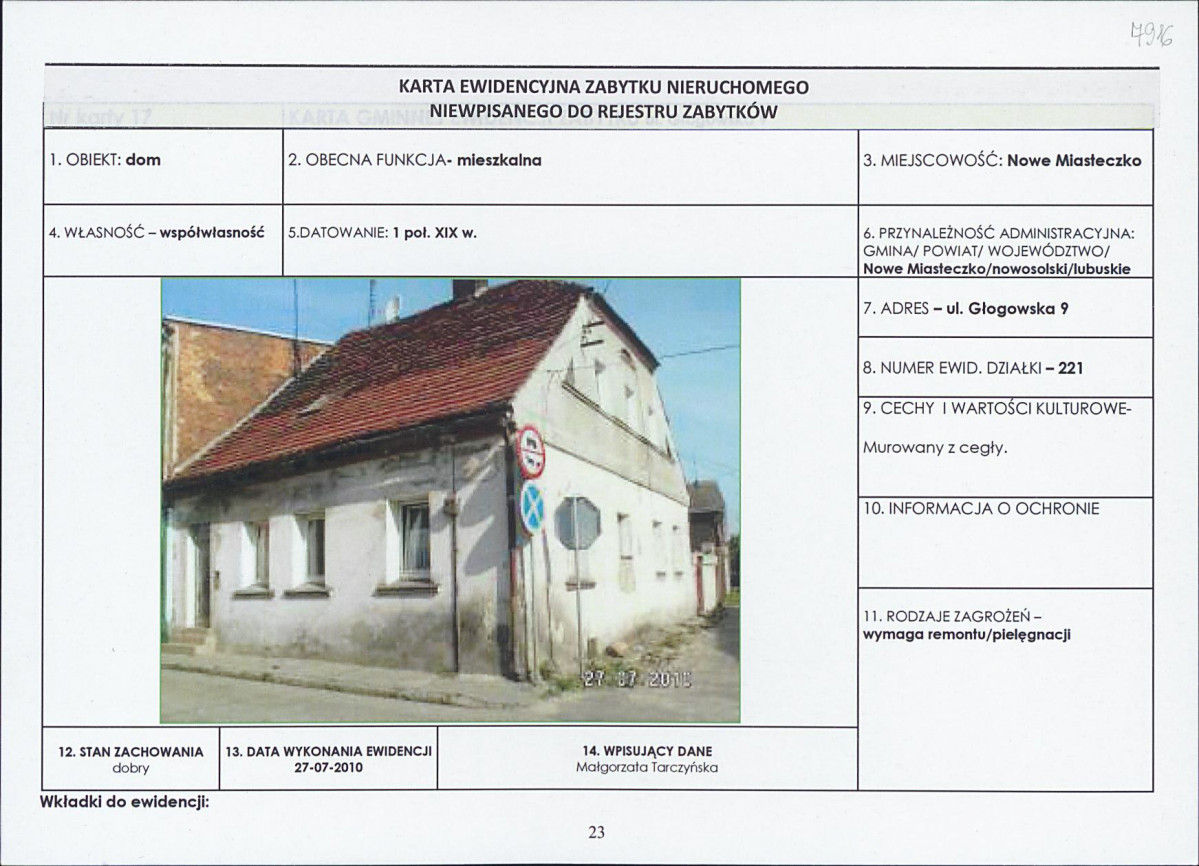 Karta obiektu niewpisanego do rejestru, skan nr 1