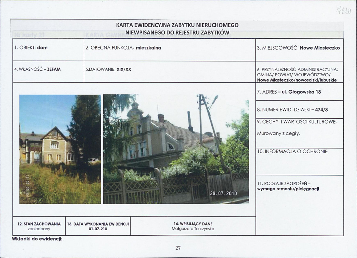 Karta obiektu niewpisanego do rejestru, skan nr 1