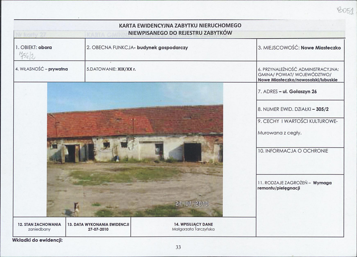 Karta obiektu niewpisanego do rejestru, skan nr 1