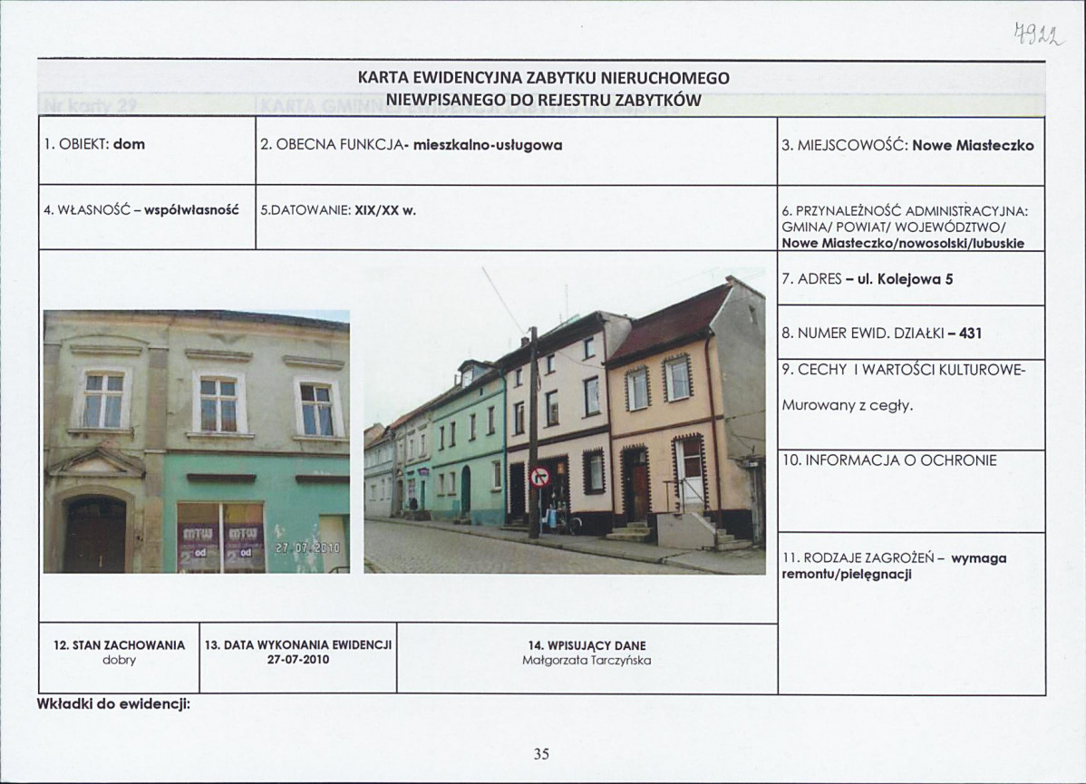 Karta obiektu niewpisanego do rejestru, skan nr 1