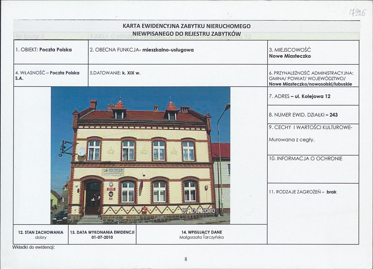 Karta obiektu niewpisanego do rejestru, skan nr 1