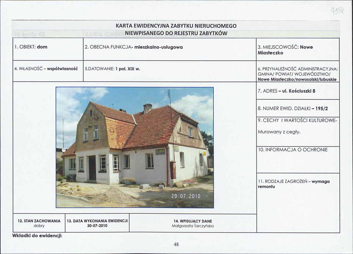 Karta obiektu niewpisanego do rejestru, skan nr 1