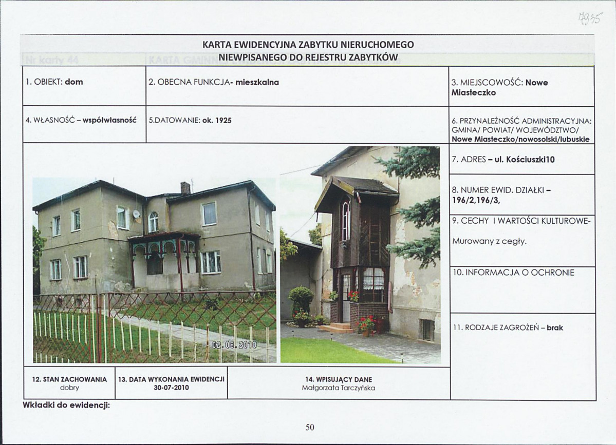 Karta obiektu niewpisanego do rejestru, skan nr 1