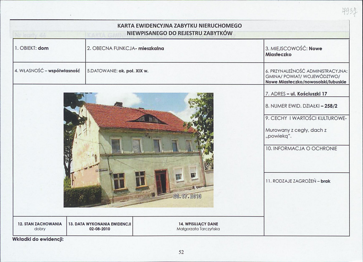 Karta obiektu niewpisanego do rejestru, skan nr 1