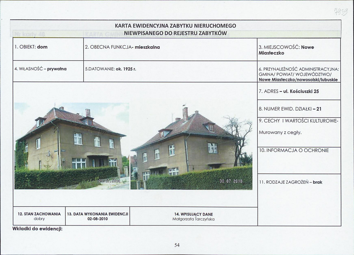Karta obiektu niewpisanego do rejestru, skan nr 1
