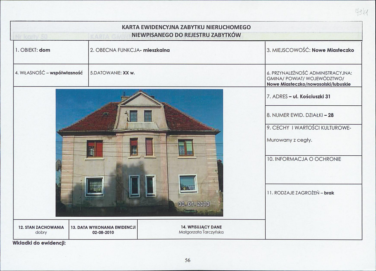 Karta obiektu niewpisanego do rejestru, skan nr 1