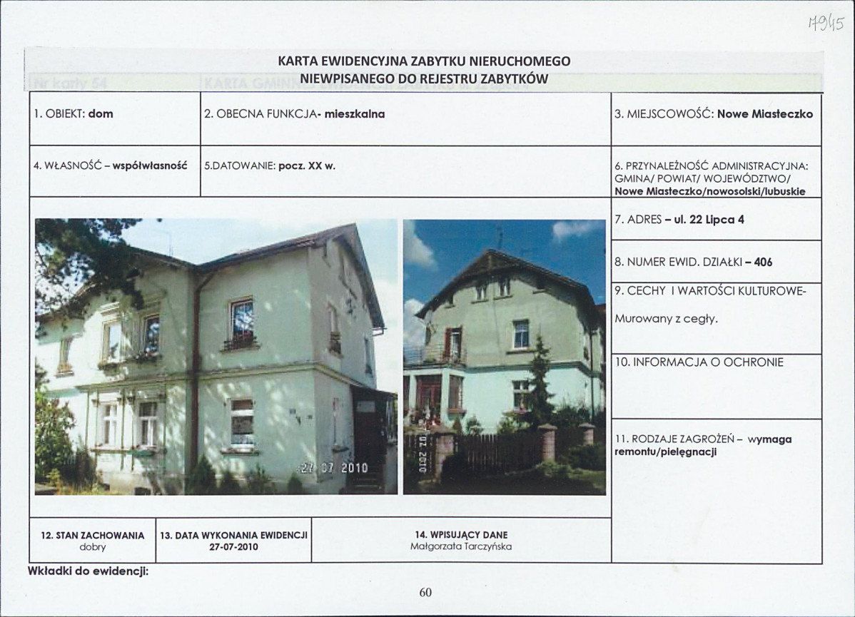 Karta obiektu niewpisanego do rejestru, skan nr 1