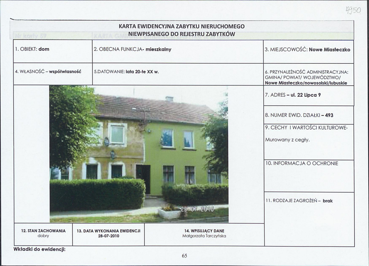 Karta obiektu niewpisanego do rejestru, skan nr 1