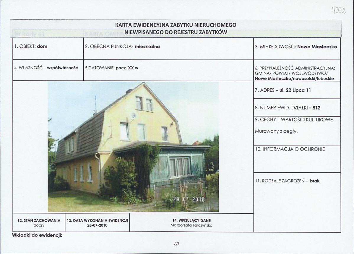 Karta obiektu niewpisanego do rejestru, skan nr 1