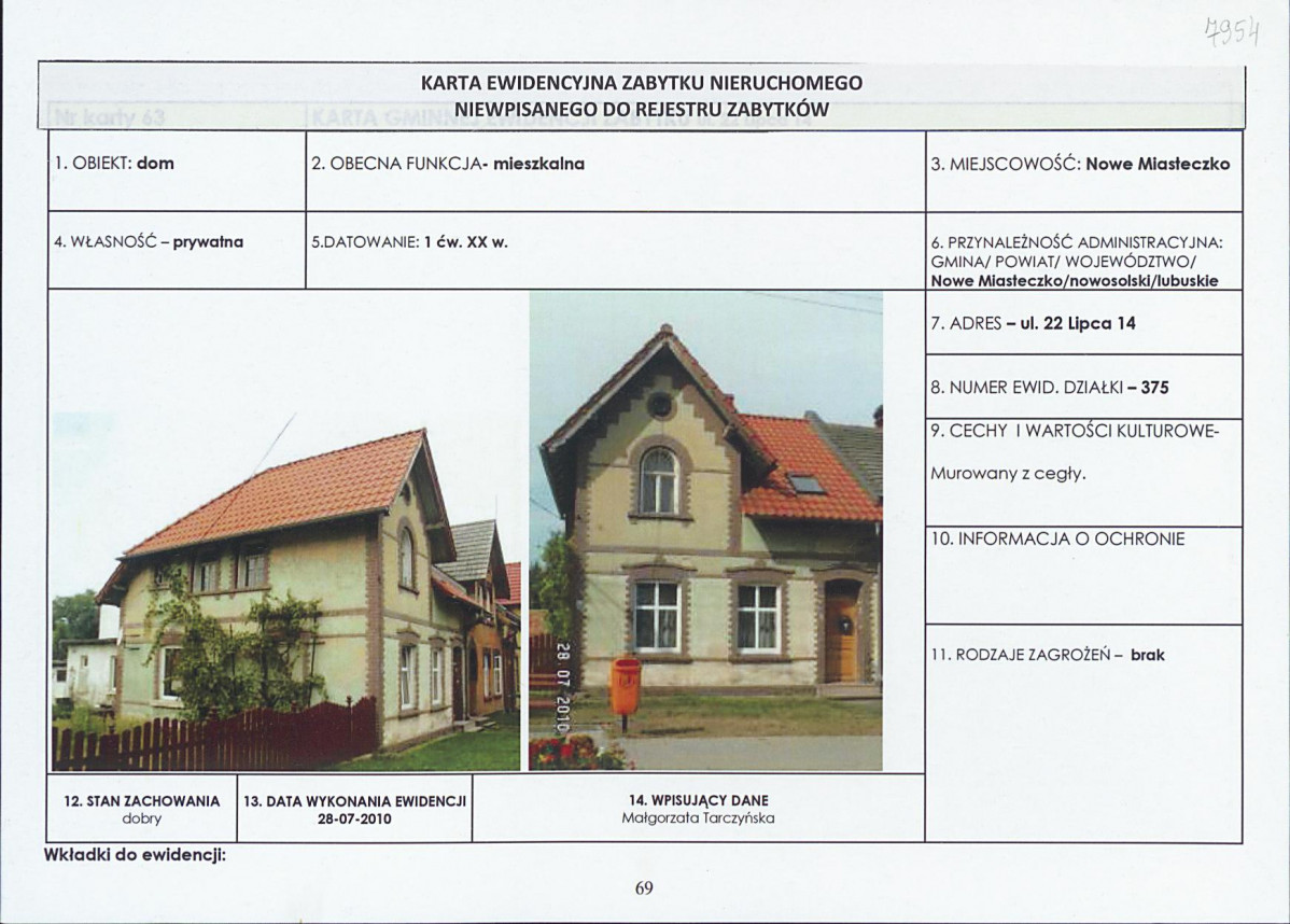 Karta obiektu niewpisanego do rejestru, skan nr 1