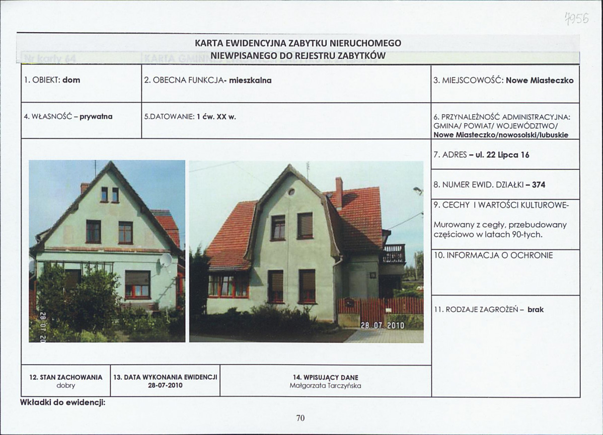 Karta obiektu niewpisanego do rejestru, skan nr 1