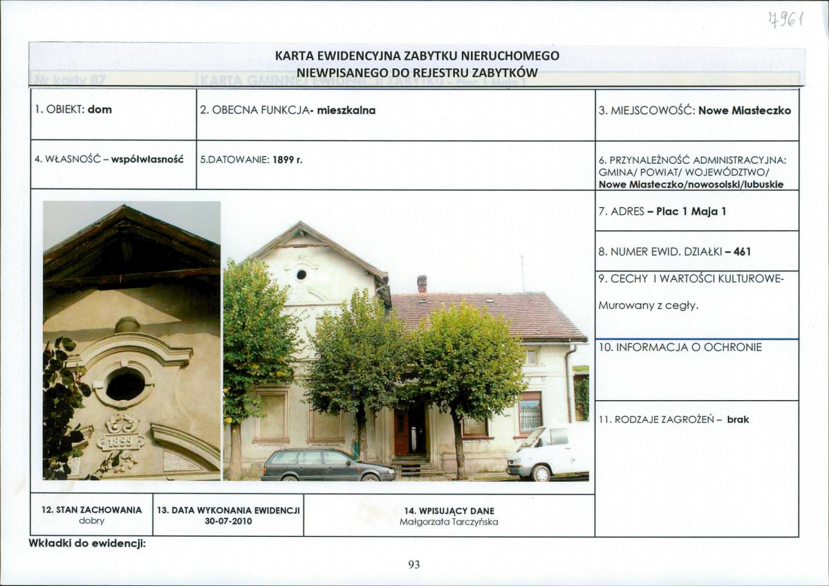 Karta obiektu niewpisanego do rejestru, skan nr 1