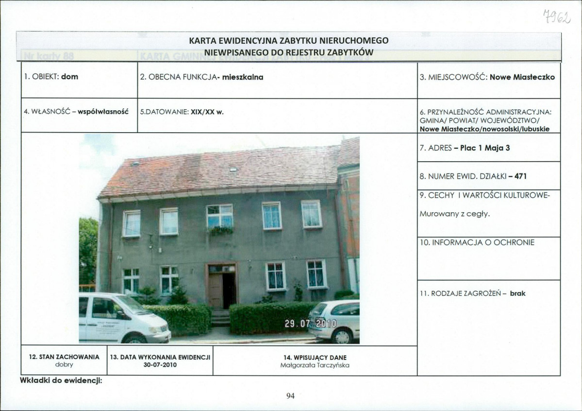 Karta obiektu niewpisanego do rejestru, skan nr 1