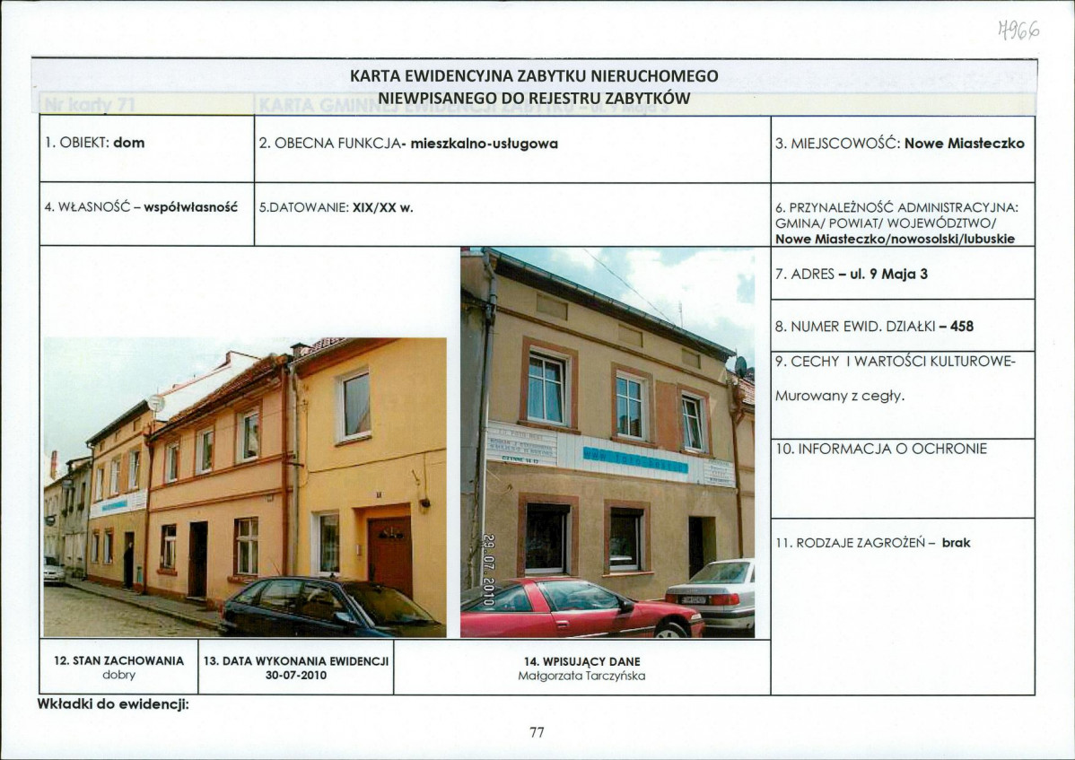 Karta obiektu niewpisanego do rejestru, skan nr 1