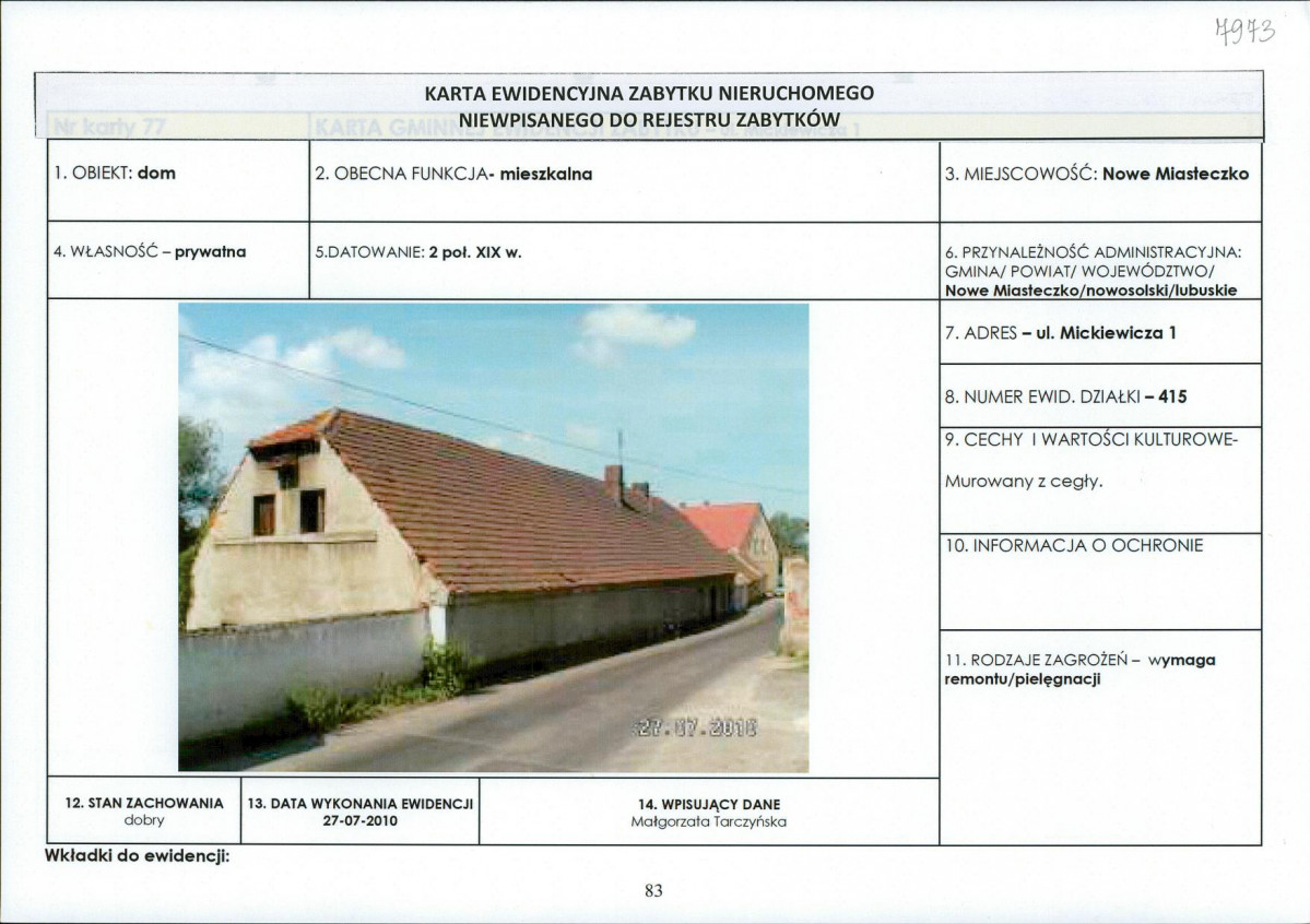 Karta obiektu niewpisanego do rejestru, skan nr 1