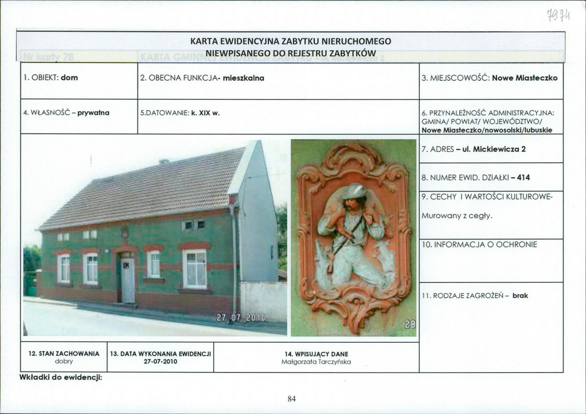 Karta obiektu niewpisanego do rejestru, skan nr 1
