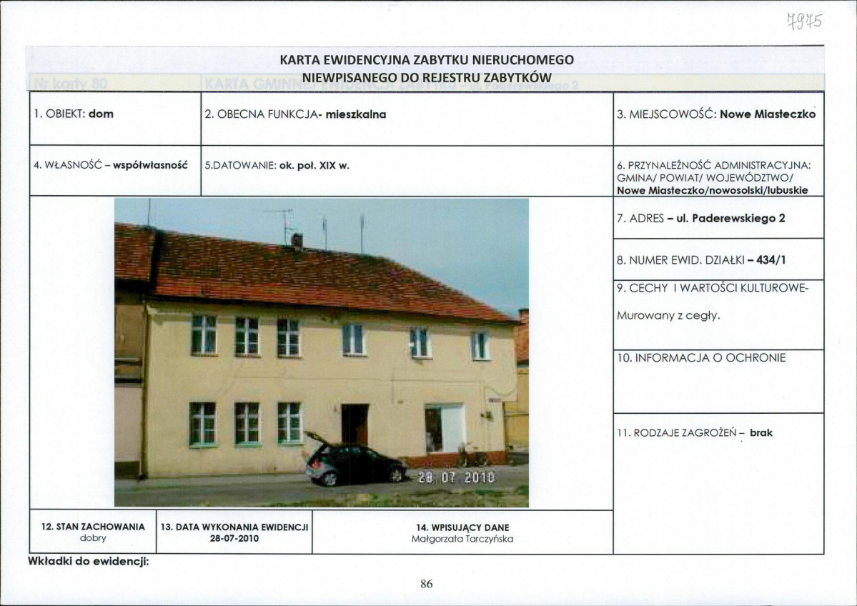 Karta obiektu niewpisanego do rejestru, skan nr 1