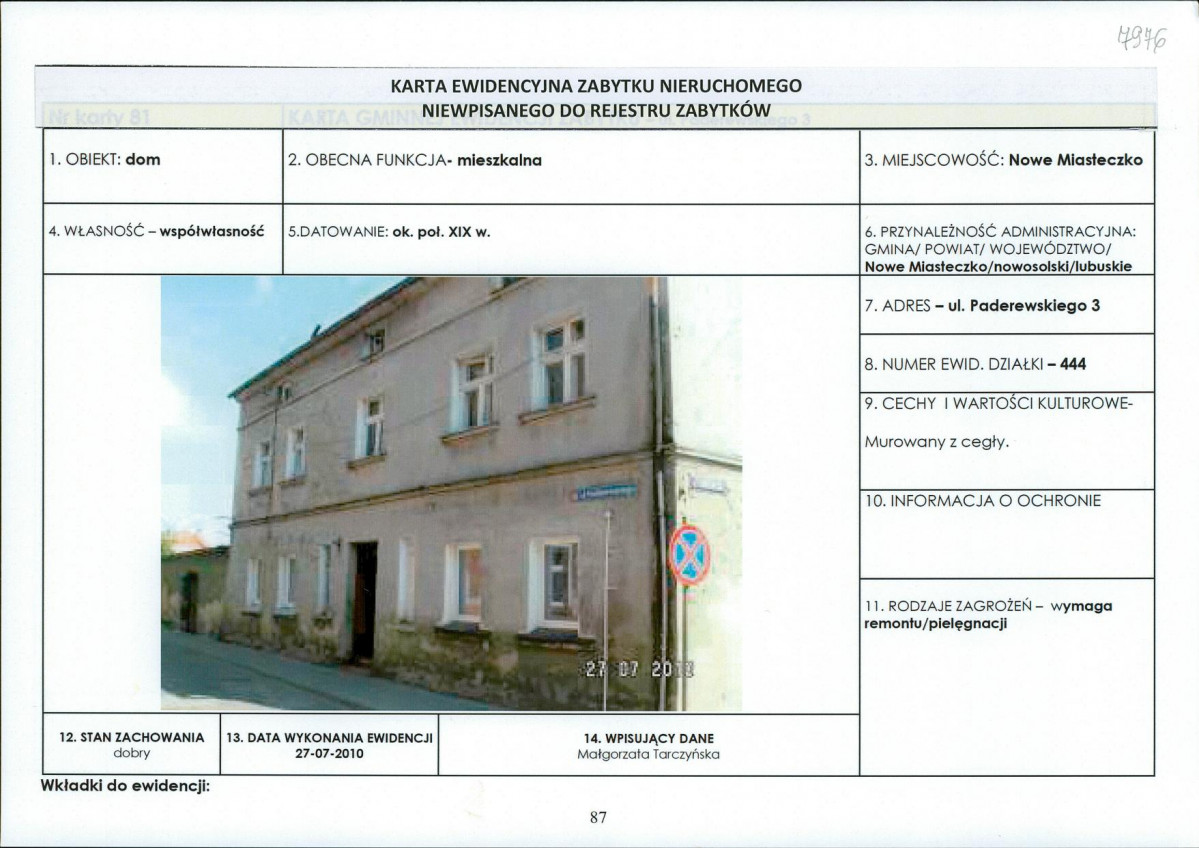 Karta obiektu niewpisanego do rejestru, skan nr 1
