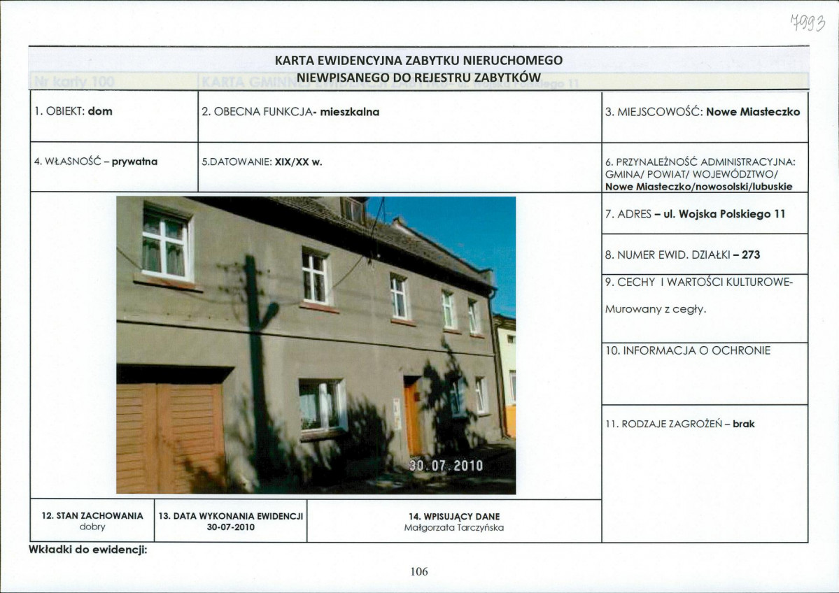 Karta obiektu niewpisanego do rejestru, skan nr 1