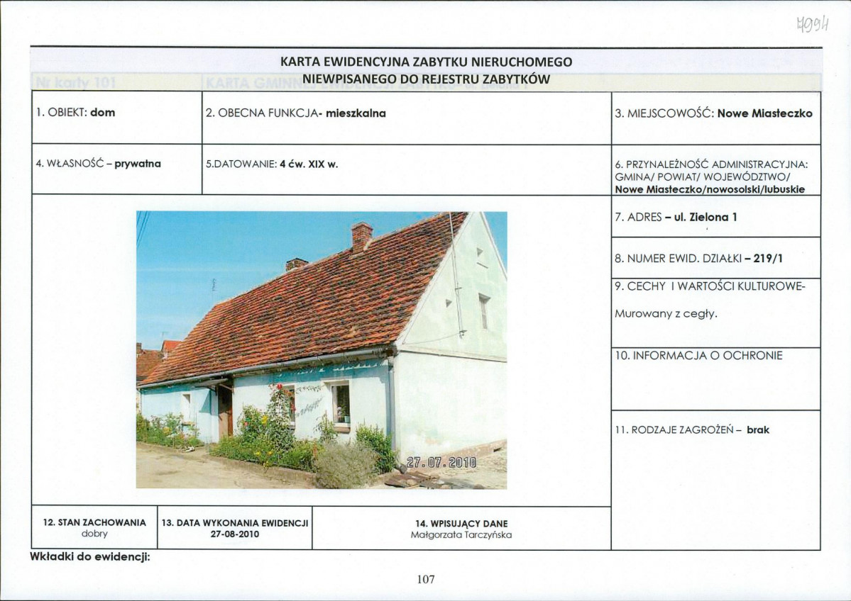 Karta obiektu niewpisanego do rejestru, skan nr 1