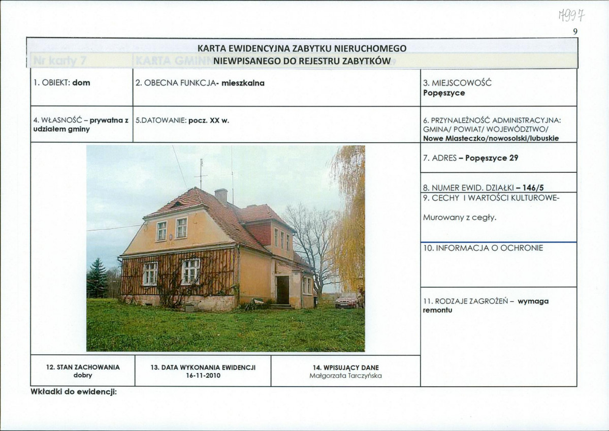 Karta obiektu niewpisanego do rejestru, skan nr 1