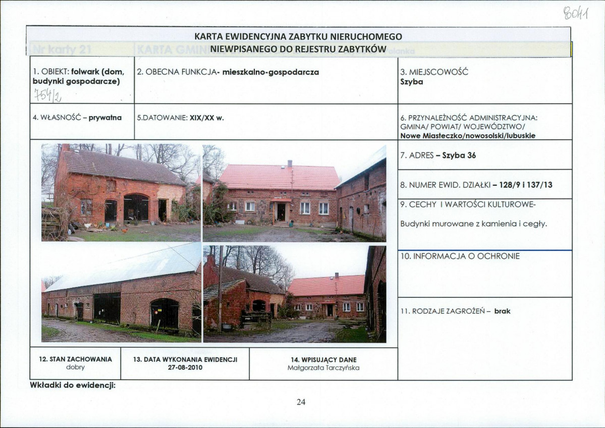 Karta obiektu niewpisanego do rejestru, skan nr 1