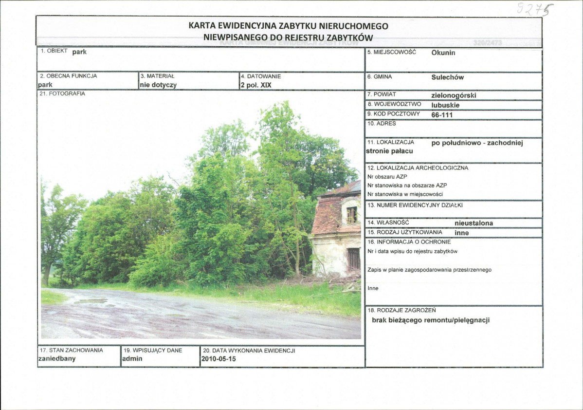 Karta obiektu niewpisanego do rejestru, skan nr 1