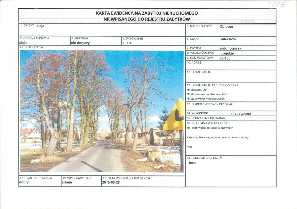 Karta obiektu niewpisanego do rejestru, skan nr 1